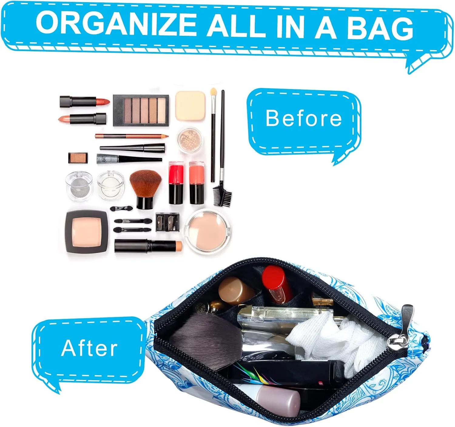 Gloppie Cosmetic Bag Small Makeup Bag Summer Sunscreen Bag Waterproof Lipstick Bag Travel Purse Essentials White Blue Flower