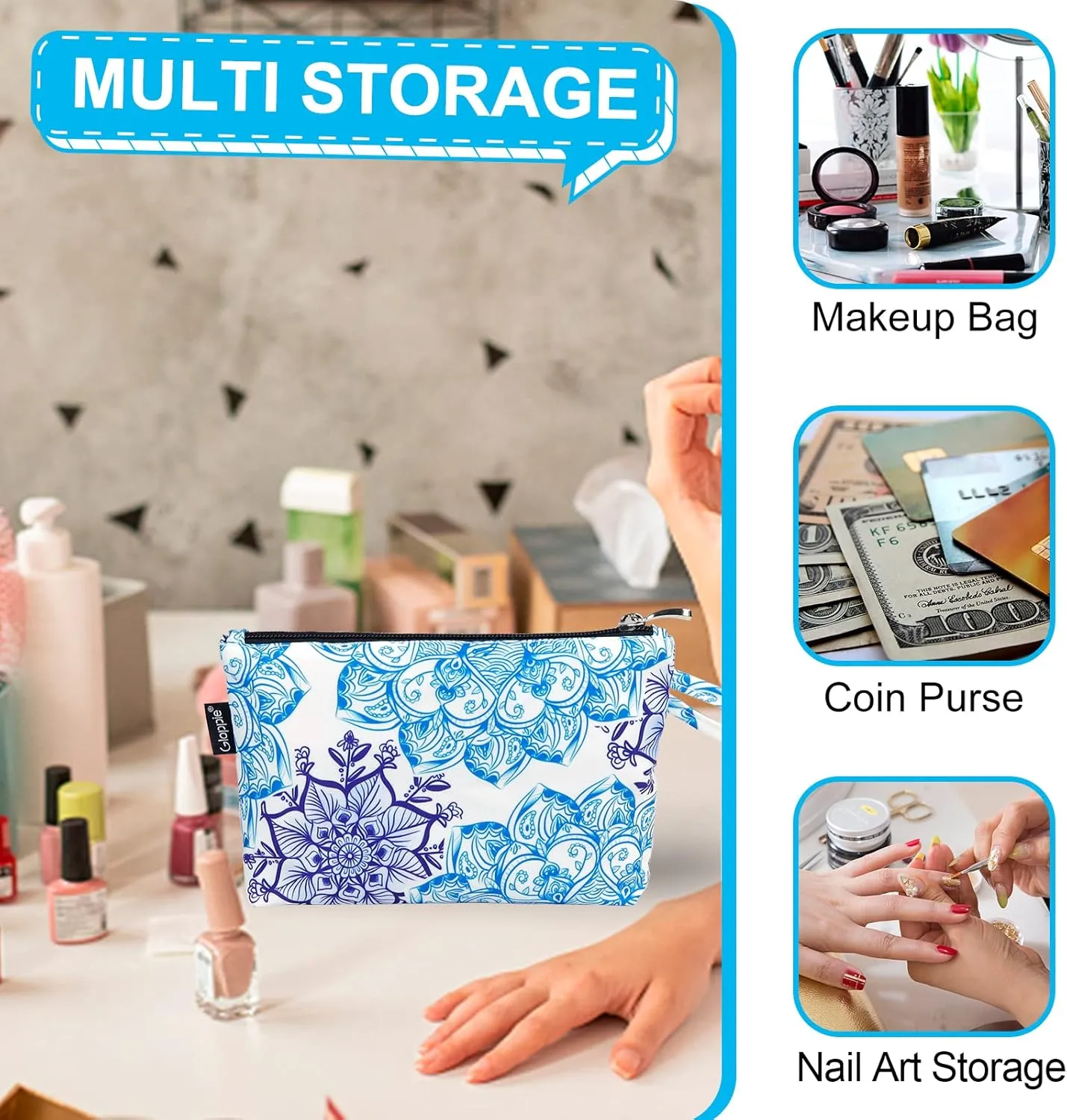 Gloppie Cosmetic Bag Small Makeup Bag Summer Sunscreen Bag Waterproof Lipstick Bag Travel Purse Essentials White Blue Flower