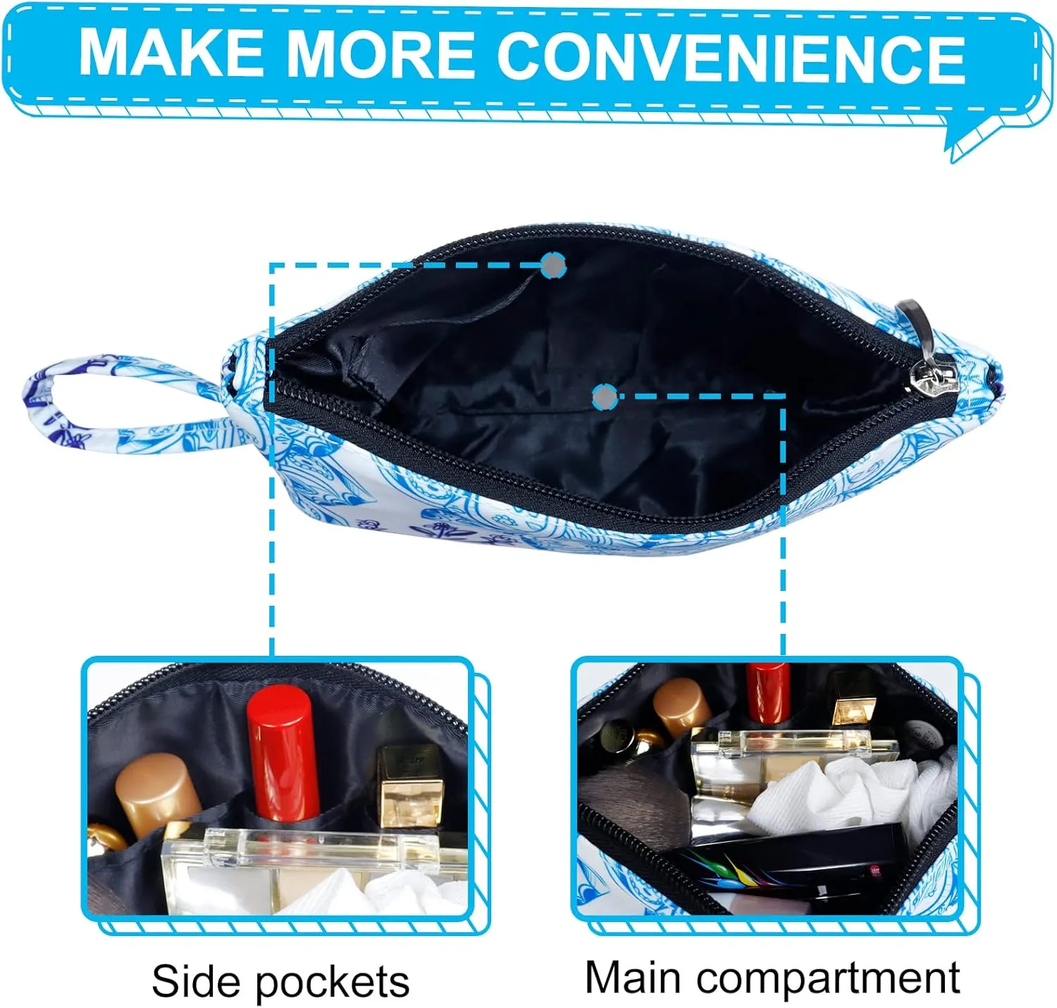 Gloppie Cosmetic Bag Small Makeup Bag Summer Sunscreen Bag Waterproof Lipstick Bag Travel Purse Essentials White Blue Flower