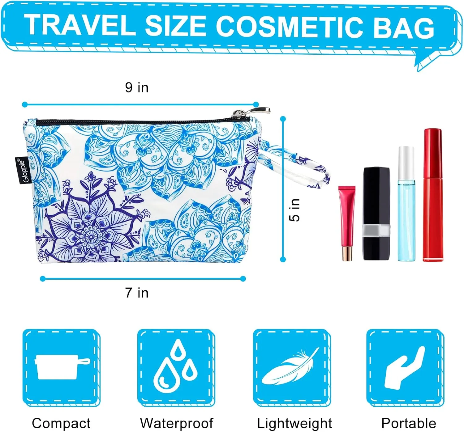 Gloppie Cosmetic Bag Small Makeup Bag Summer Sunscreen Bag Waterproof Lipstick Bag Travel Purse Essentials White Blue Flower