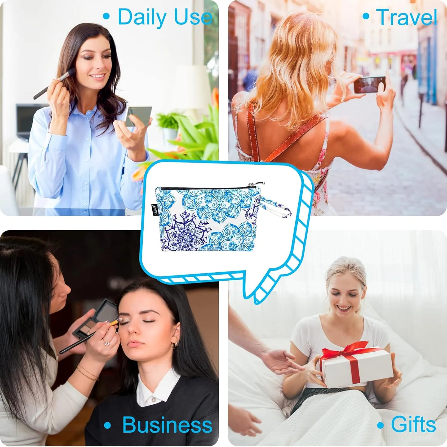 Gloppie Cosmetic Bag Small Makeup Bag Summer Sunscreen Bag Waterproof Lipstick Bag Travel Purse Essentials White Blue Flower