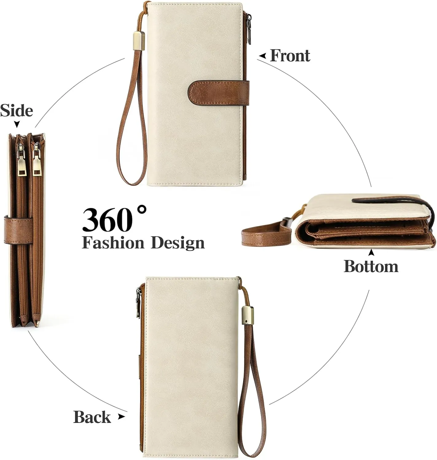 GOIACII Womens Wallets Large Capacity Credit Card Holder Rfid Wallet Women Double Zipper Pocket Leather Bifold Ladies Wristlet Clutch Wallet Beige Brown