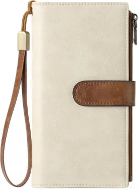 GOIACII Womens Wallets Large Capacity Credit Card Holder Rfid Wallet Women Double Zipper Pocket Leather Bifold Ladies Wristlet Clutch Wallet Beige Brown