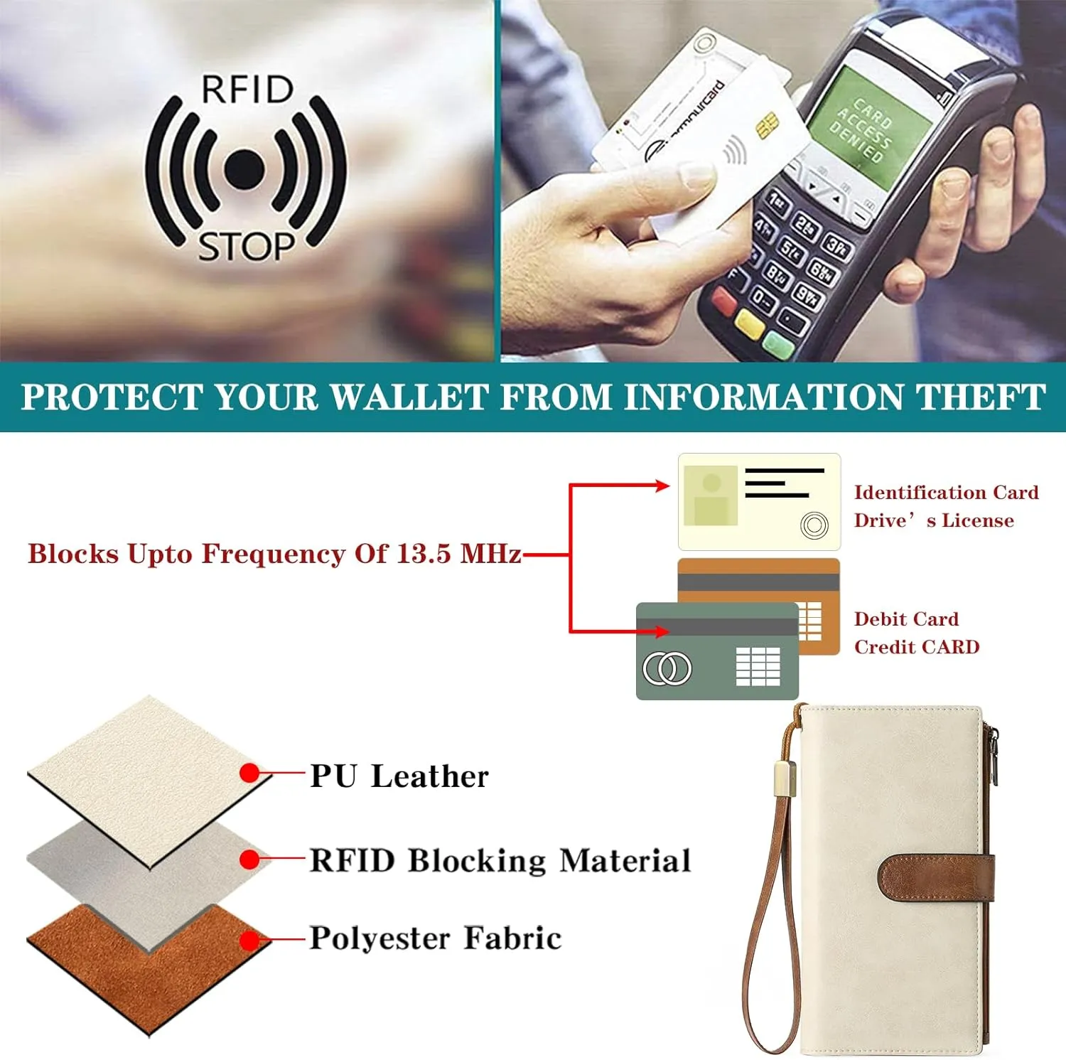 GOIACII Womens Wallets Large Capacity Credit Card Holder Rfid Wallet Women Double Zipper Pocket Leather Bifold Ladies Wristlet Clutch Wallet Beige Brown