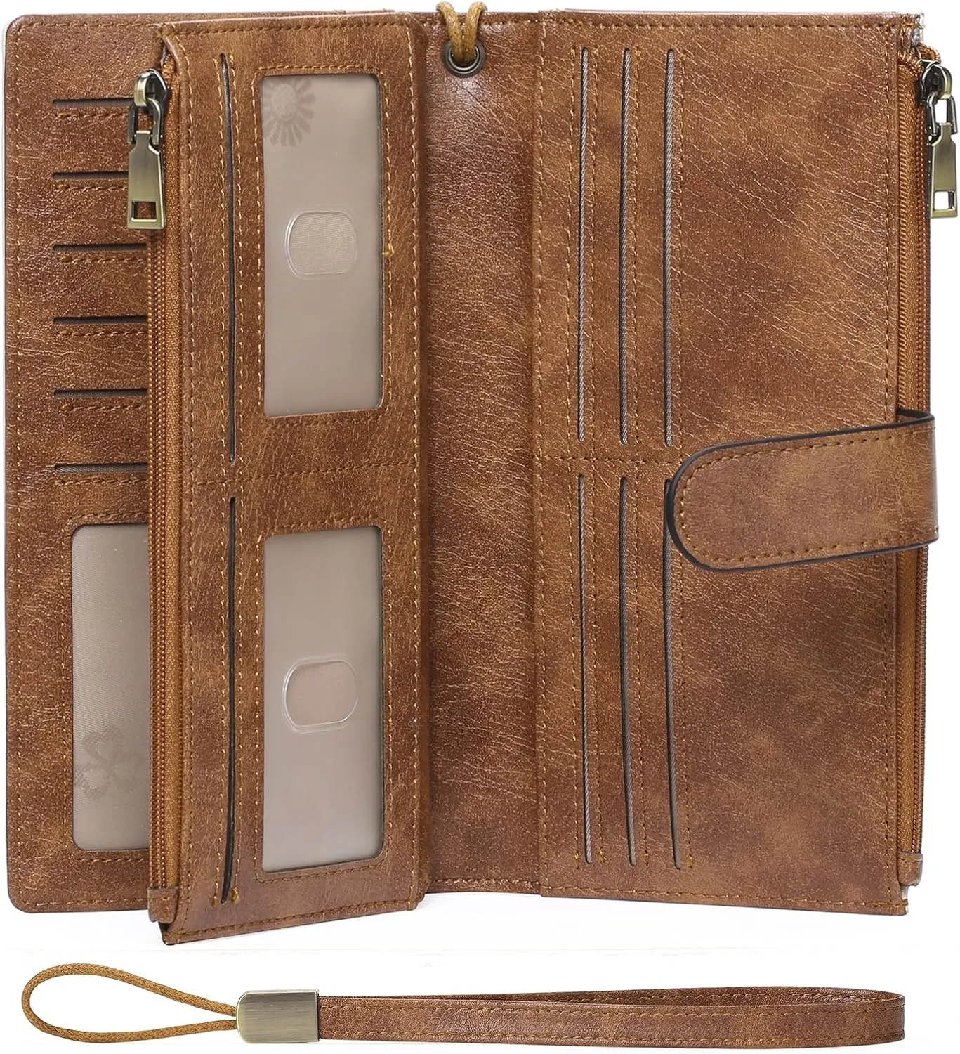GOIACII Womens Wallets Large Capacity Credit Card Holder Rfid Wallet Women Double Zipper Pocket Leather Bifold Ladies Wristlet Clutch Wallet Beige Brown