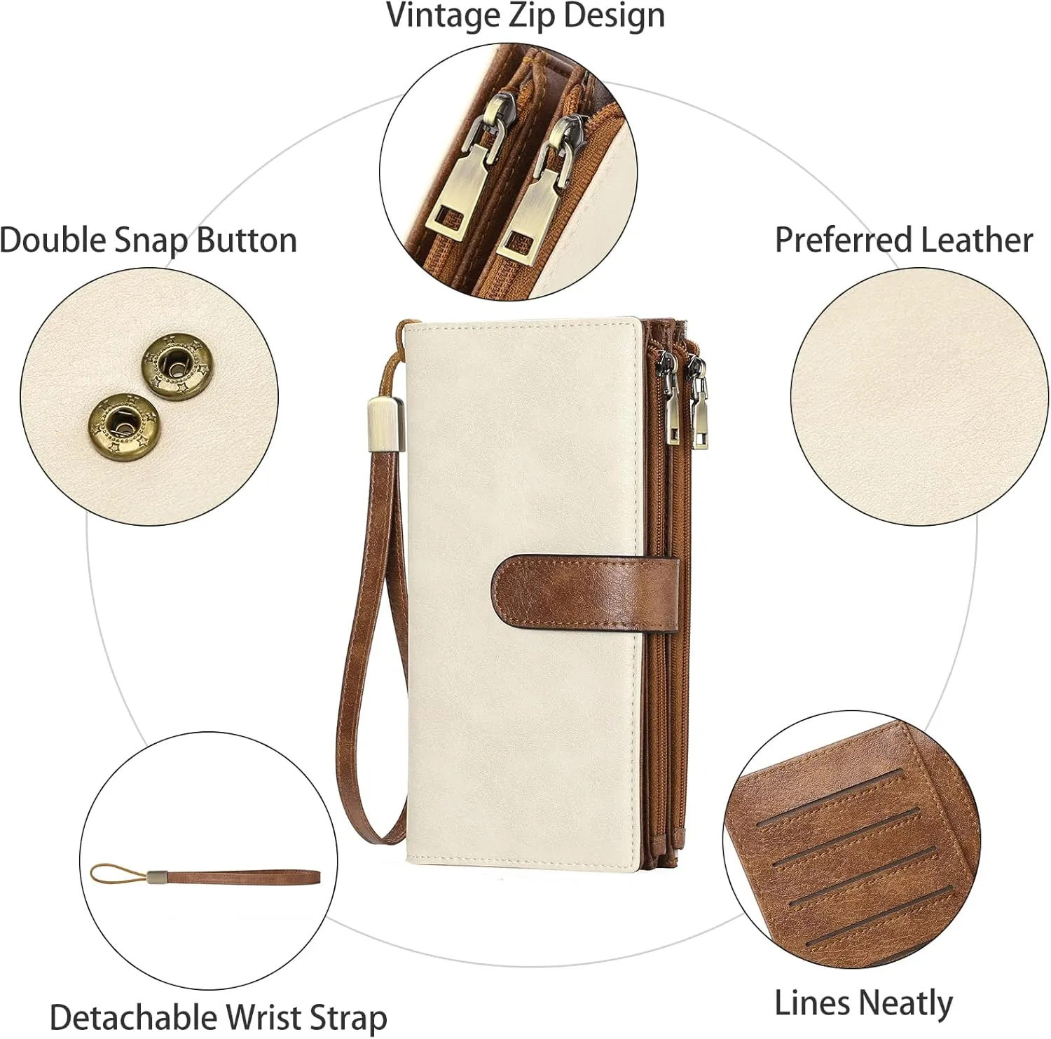 GOIACII Womens Wallets Large Capacity Credit Card Holder Rfid Wallet Women Double Zipper Pocket Leather Bifold Ladies Wristlet Clutch Wallet Beige Brown