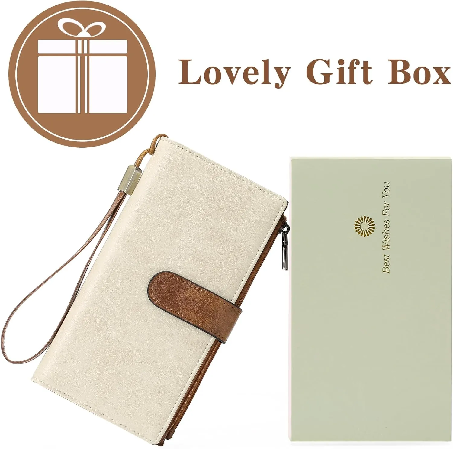 GOIACII Womens Wallets Large Capacity Credit Card Holder Rfid Wallet Women Double Zipper Pocket Leather Bifold Ladies Wristlet Clutch Wallet Beige Brown