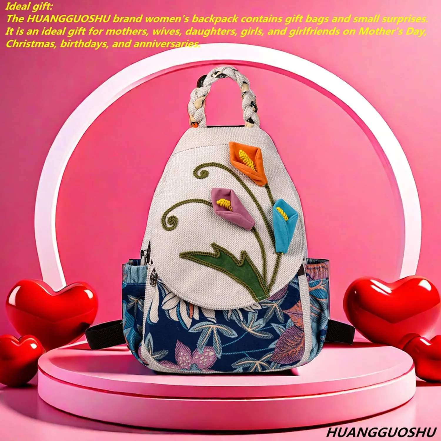 HUANGGUOSHU Bohemian Knit Backpack - Handcrafted, Multi-Pocket, Anti-Theft Pocket - Ideal Gift for Girls, Moms, and Students - Travel Essential for Fashionable Women-Flower Backpack
