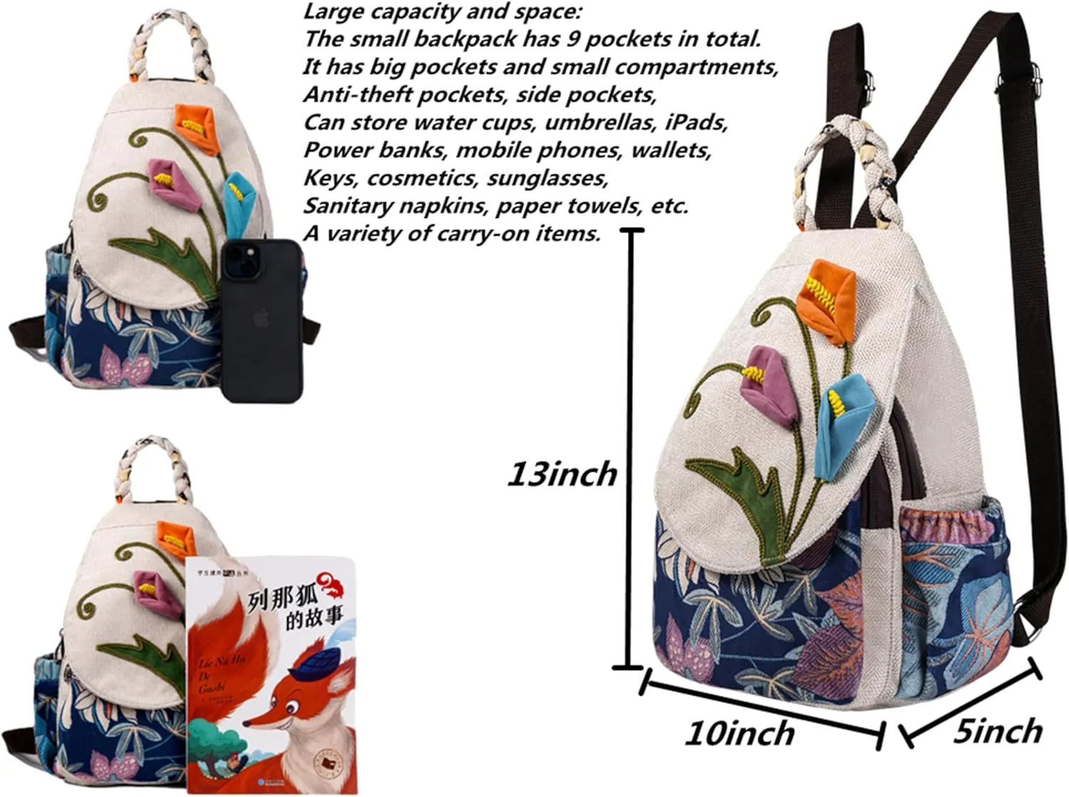 HUANGGUOSHU Bohemian Knit Backpack - Handcrafted, Multi-Pocket, Anti-Theft Pocket - Ideal Gift for Girls, Moms, and Students - Travel Essential for Fashionable Women-Flower Backpack