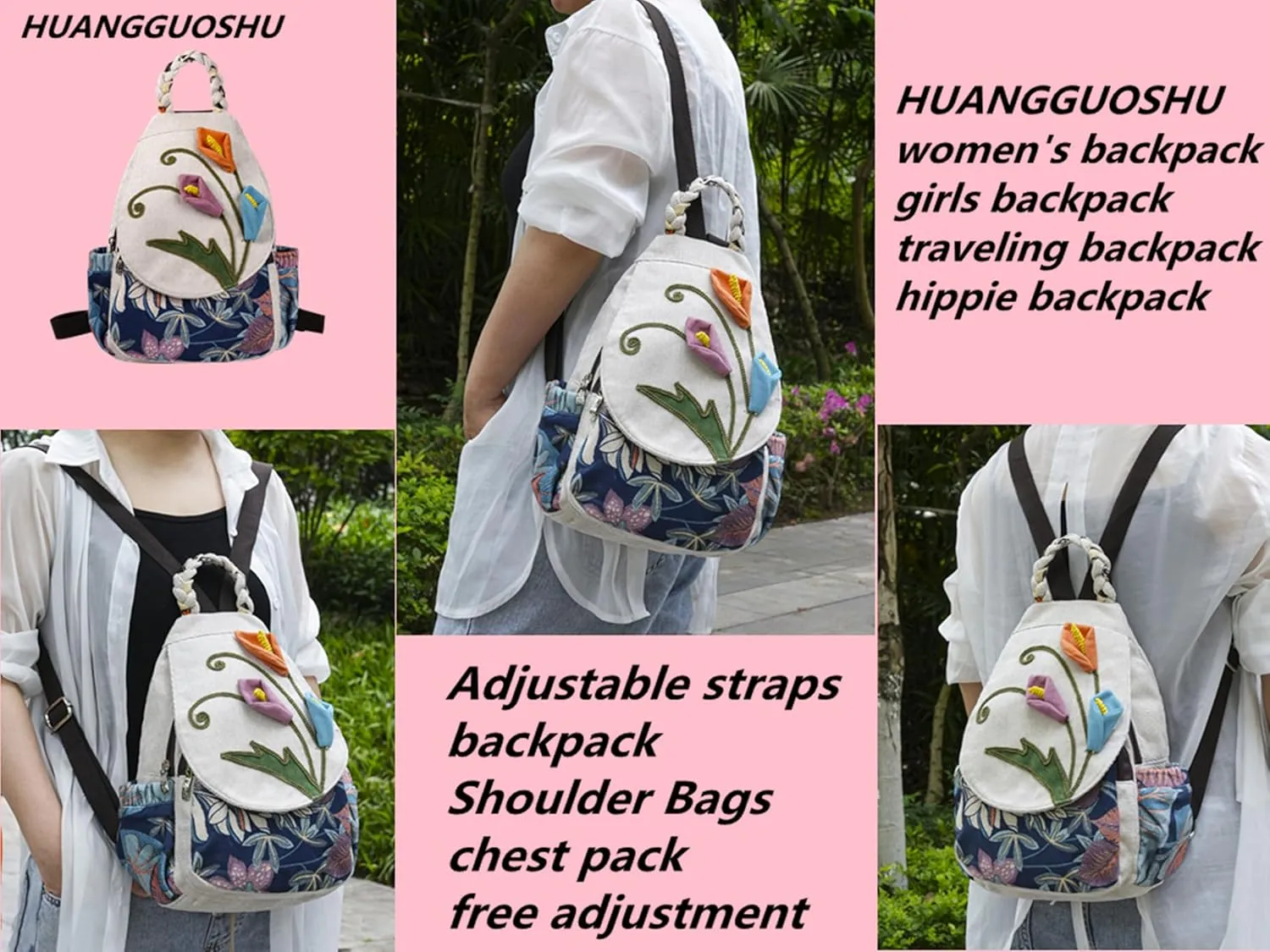 HUANGGUOSHU Bohemian Knit Backpack - Handcrafted, Multi-Pocket, Anti-Theft Pocket - Ideal Gift for Girls, Moms, and Students - Travel Essential for Fashionable Women-Flower Backpack