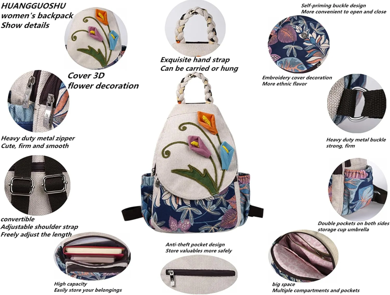 HUANGGUOSHU Bohemian Knit Backpack - Handcrafted, Multi-Pocket, Anti-Theft Pocket - Ideal Gift for Girls, Moms, and Students - Travel Essential for Fashionable Women-Flower Backpack