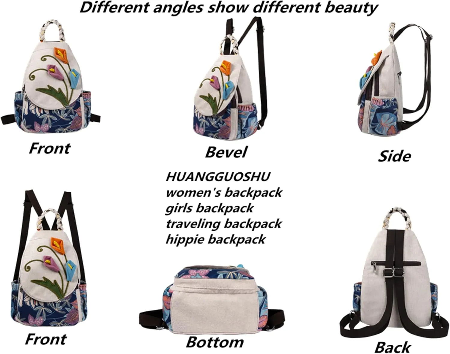 HUANGGUOSHU Bohemian Knit Backpack - Handcrafted, Multi-Pocket, Anti-Theft Pocket - Ideal Gift for Girls, Moms, and Students - Travel Essential for Fashionable Women-Flower Backpack