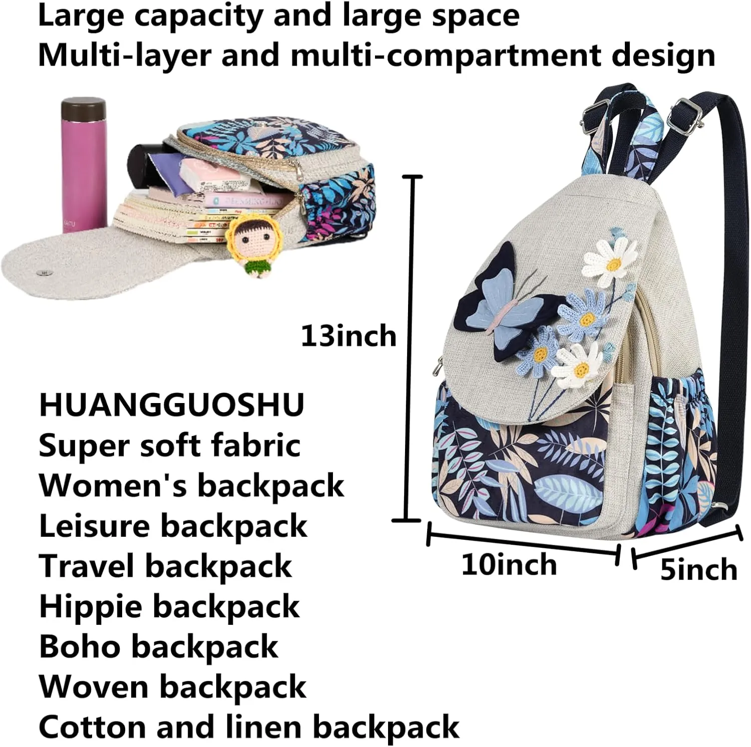 HUANGGUOSHU Women Cotton Woven Hippie Hemp Boho Canvas Embroidery Multi Pocket Retro Cute Backpack Wallet BackpackBlack butterfly