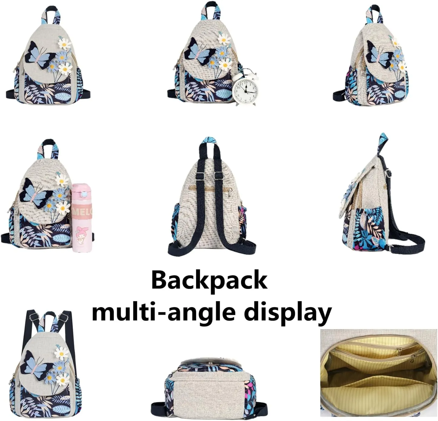 HUANGGUOSHU Women Cotton Woven Hippie Hemp Boho Canvas Embroidery Multi Pocket Retro Cute Backpack Wallet BackpackBlack butterfly