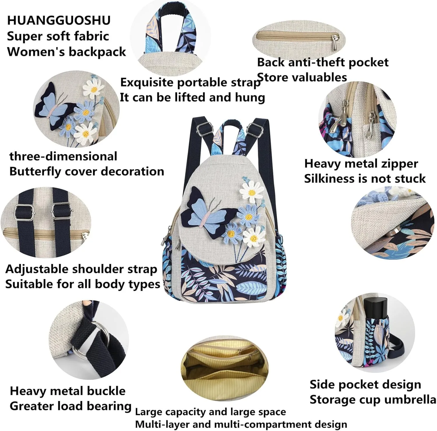HUANGGUOSHU Women Cotton Woven Hippie Hemp Boho Canvas Embroidery Multi Pocket Retro Cute Backpack Wallet BackpackBlack butterfly