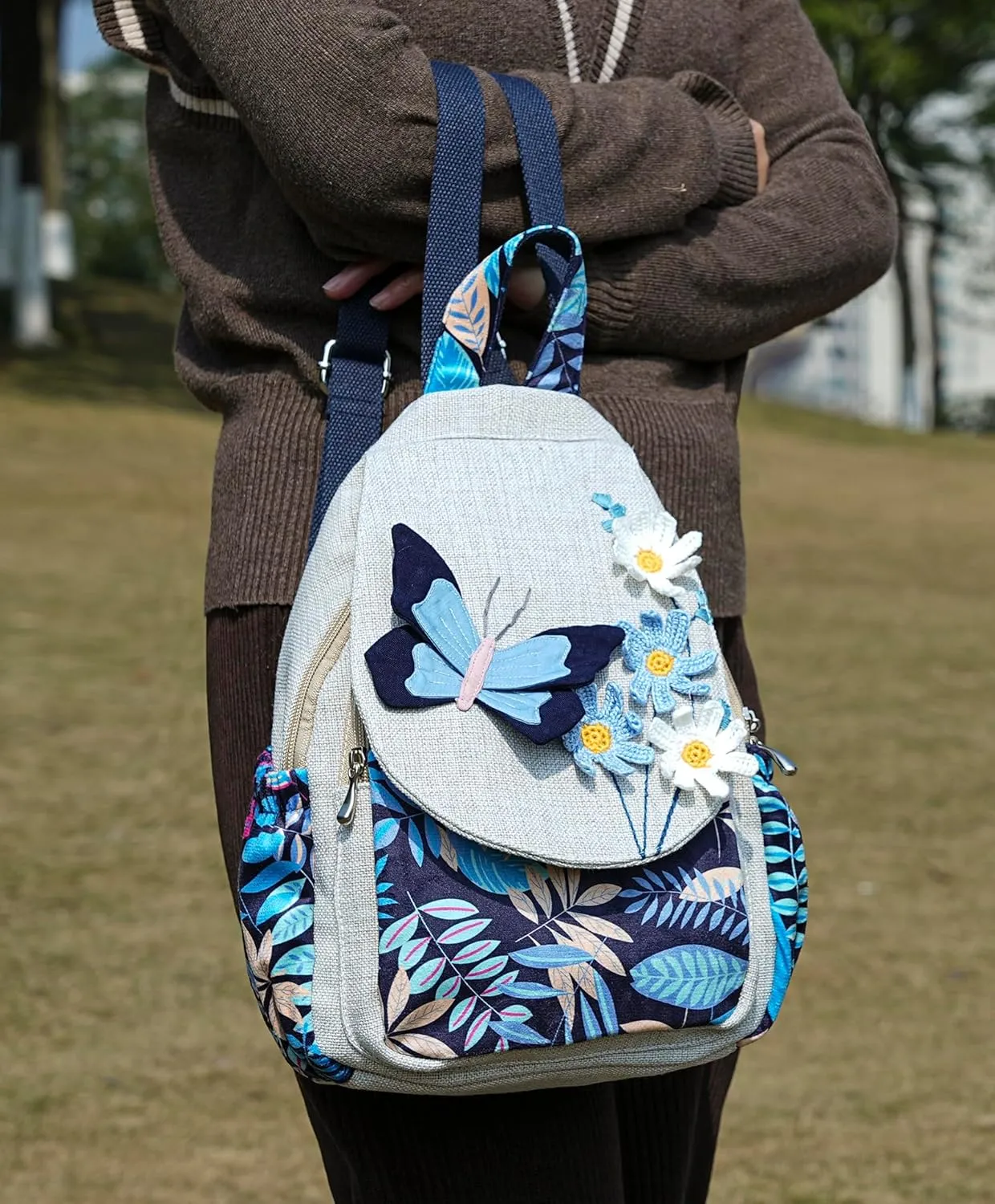 HUANGGUOSHU Women Cotton Woven Hippie Hemp Boho Canvas Embroidery Multi Pocket Retro Cute Backpack Wallet BackpackBlack butterfly