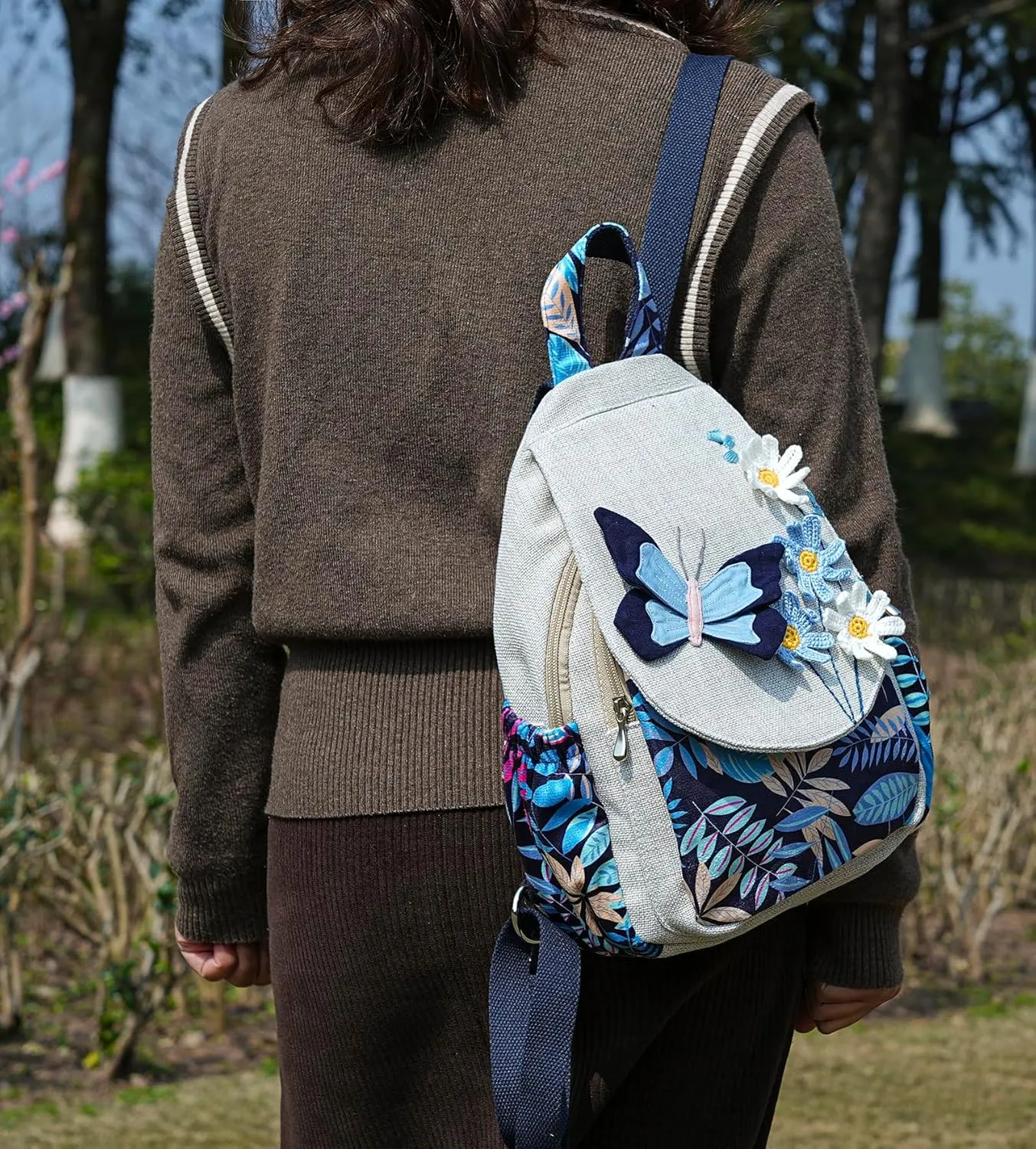 HUANGGUOSHU Women Cotton Woven Hippie Hemp Boho Canvas Embroidery Multi Pocket Retro Cute Backpack Wallet BackpackBlack butterfly