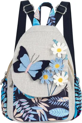 HUANGGUOSHU Women Cotton Woven Hippie Hemp Boho Canvas Embroidery Multi Pocket Retro Cute Backpack Wallet BackpackBlack butterfly