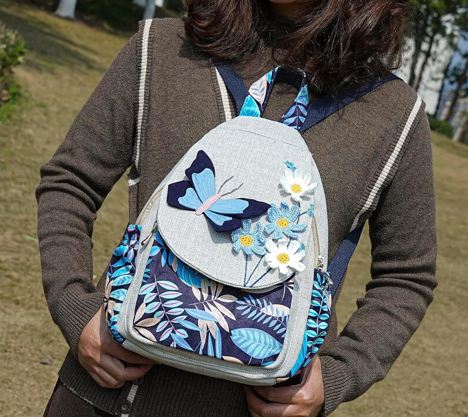 HUANGGUOSHU Women Cotton Woven Hippie Hemp Boho Canvas Embroidery Multi Pocket Retro Cute Backpack Wallet BackpackBlack butterfly