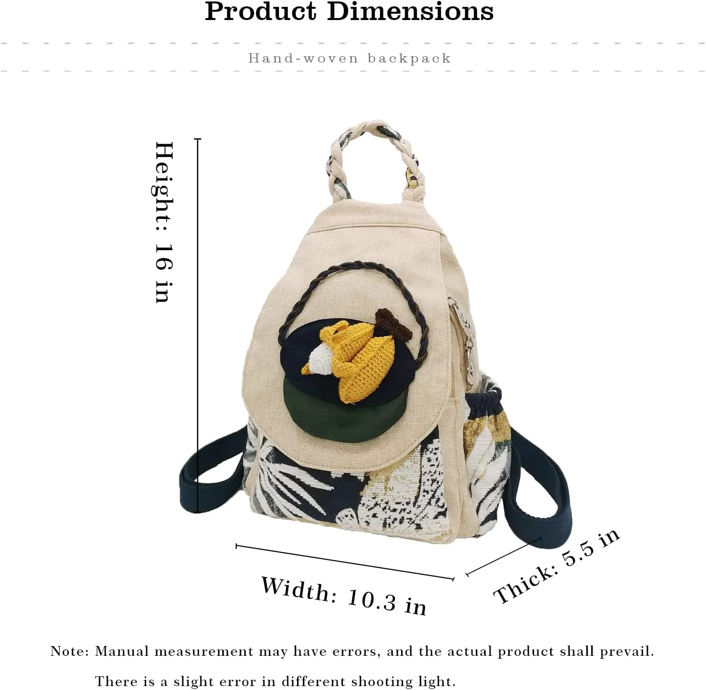 HUANGGUOSHU Women Cotton Woven Hippie Hemp Boho Canvas Embroidery Multi Pocket Retro Cute Backpack Wallet BackpackCorn