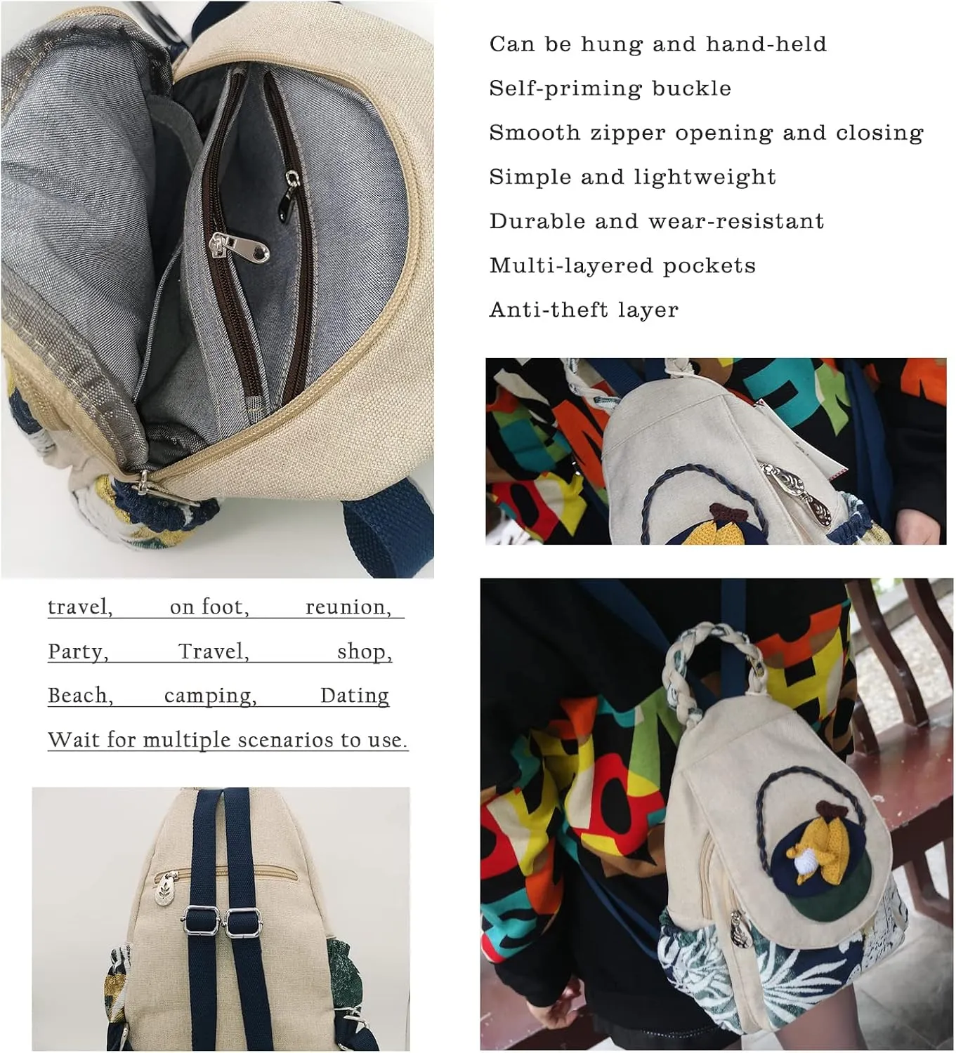 HUANGGUOSHU Women Cotton Woven Hippie Hemp Boho Canvas Embroidery Multi Pocket Retro Cute Backpack Wallet BackpackCorn