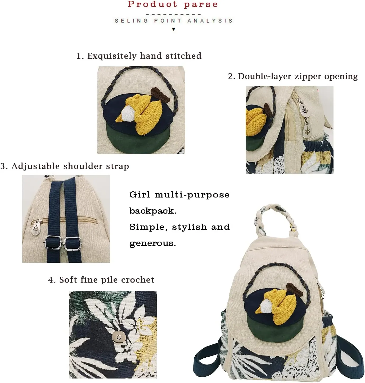 HUANGGUOSHU Women Cotton Woven Hippie Hemp Boho Canvas Embroidery Multi Pocket Retro Cute Backpack Wallet BackpackCorn