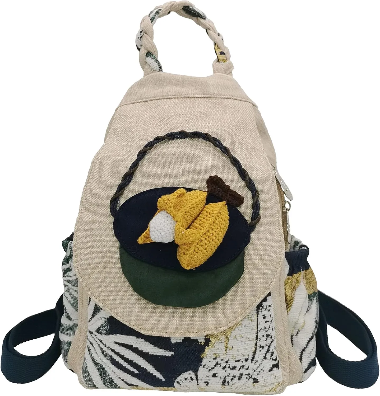HUANGGUOSHU Women Cotton Woven Hippie Hemp Boho Canvas Embroidery Multi Pocket Retro Cute Backpack Wallet BackpackCorn
