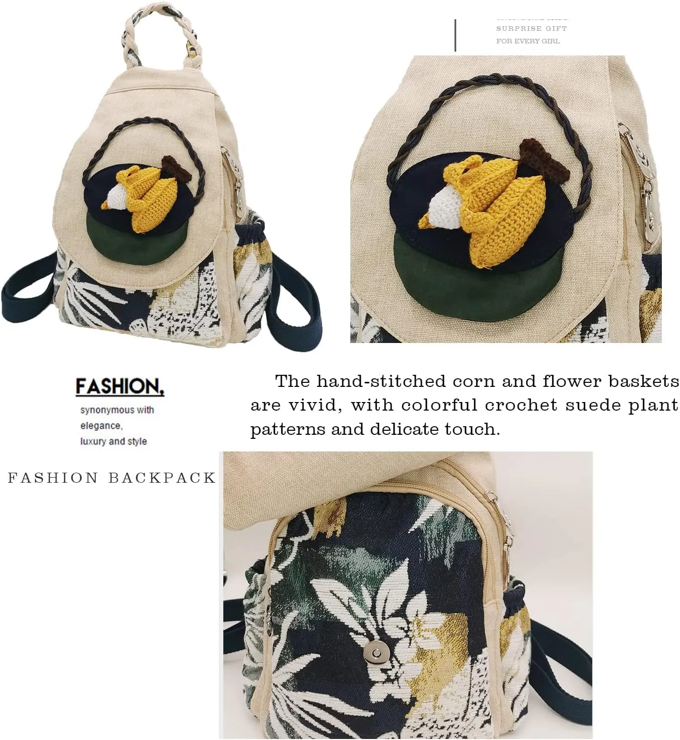 HUANGGUOSHU Women Cotton Woven Hippie Hemp Boho Canvas Embroidery Multi Pocket Retro Cute Backpack Wallet BackpackCorn