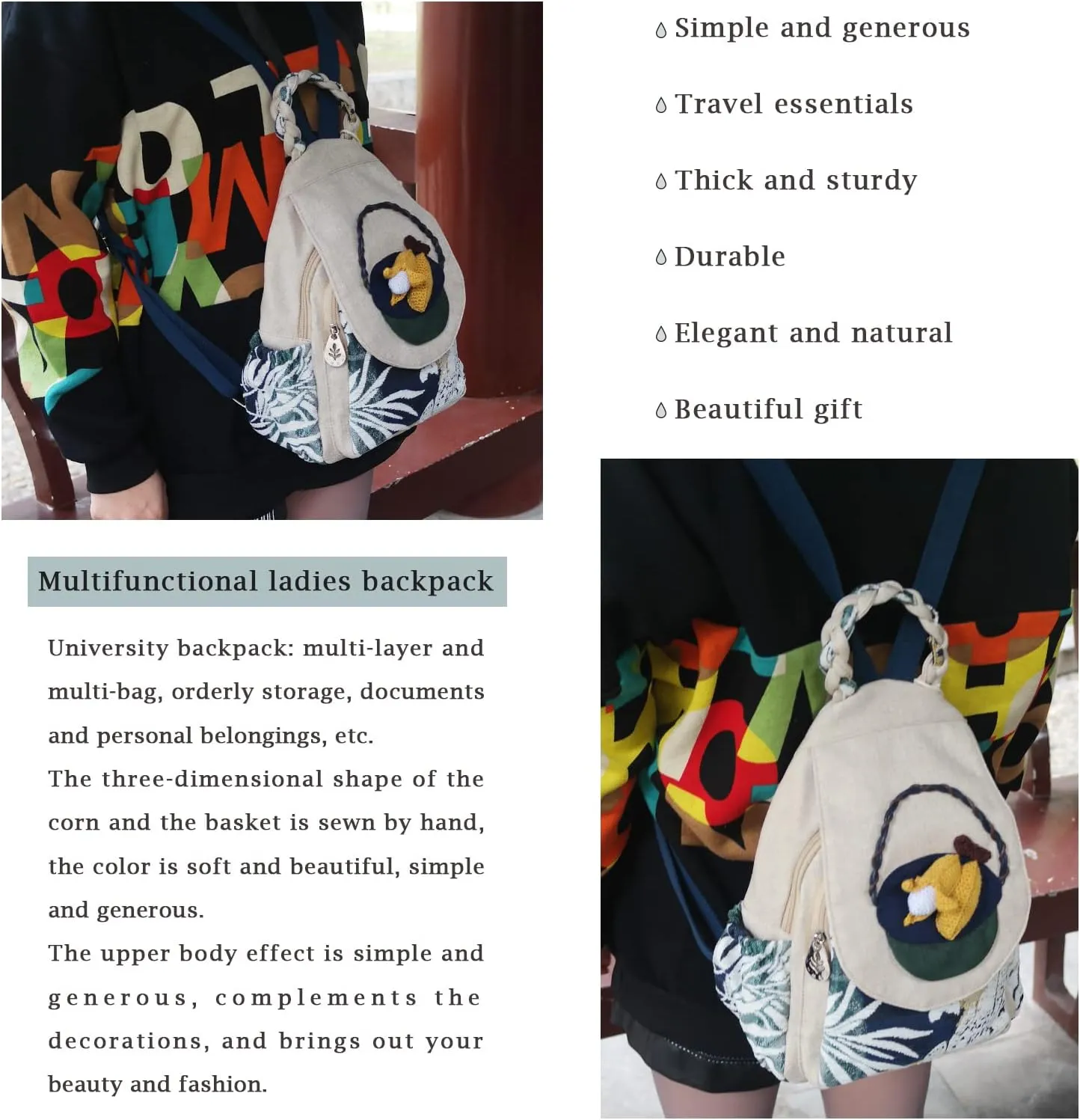 HUANGGUOSHU Women Cotton Woven Hippie Hemp Boho Canvas Embroidery Multi Pocket Retro Cute Backpack Wallet BackpackCorn