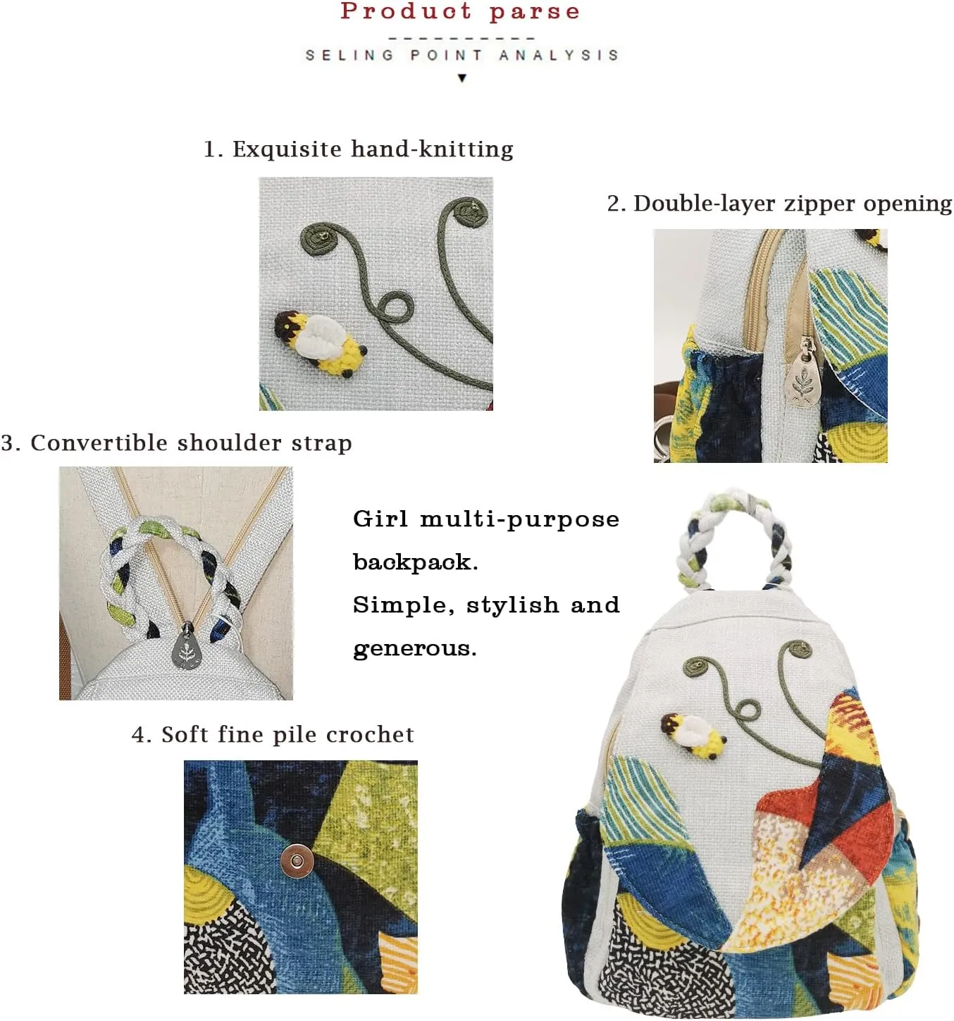 HUANGGUOSHU Women Cotton Woven Hippie Hemp Boho Canvas Embroidery Multi Pocket Retro Cute Backpack Wallet BackpackCricket