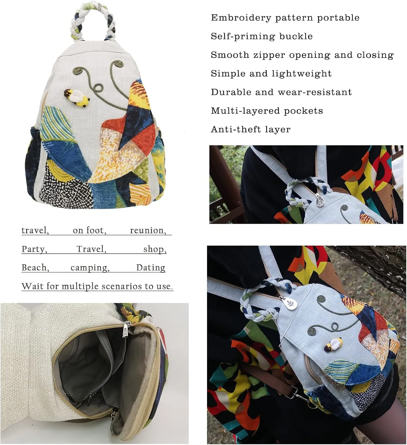 HUANGGUOSHU Women Cotton Woven Hippie Hemp Boho Canvas Embroidery Multi Pocket Retro Cute Backpack Wallet BackpackCricket