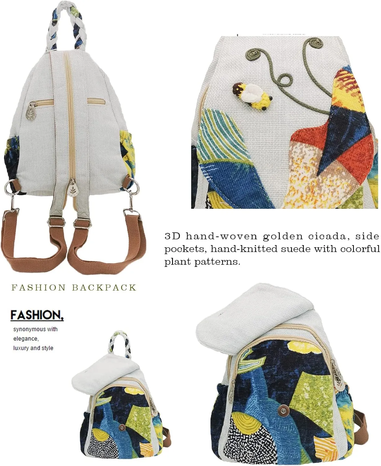 HUANGGUOSHU Women Cotton Woven Hippie Hemp Boho Canvas Embroidery Multi Pocket Retro Cute Backpack Wallet BackpackCricket