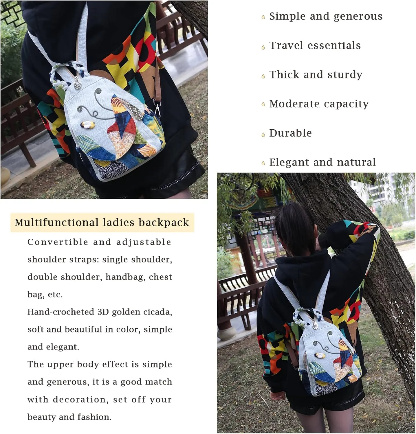 HUANGGUOSHU Women Cotton Woven Hippie Hemp Boho Canvas Embroidery Multi Pocket Retro Cute Backpack Wallet BackpackCricket