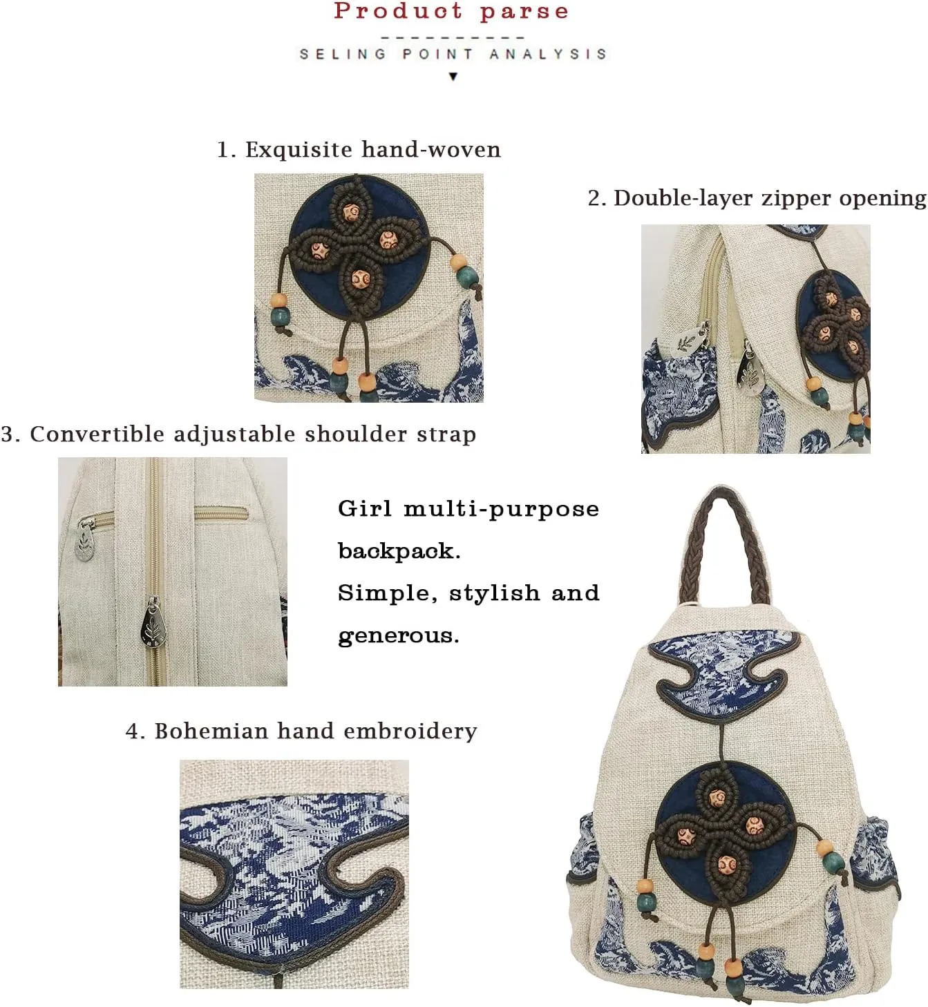 HUANGGUOSHU Women Cotton Woven Hippie Hemp Boho Canvas Embroidery Multi Pocket Retro Cute Backpack Wallet BackpackFour leaf clover