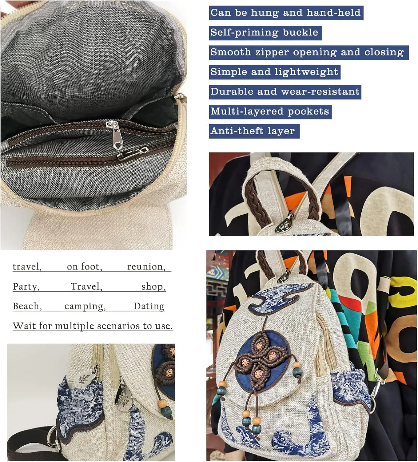 HUANGGUOSHU Women Cotton Woven Hippie Hemp Boho Canvas Embroidery Multi Pocket Retro Cute Backpack Wallet BackpackFour leaf clover