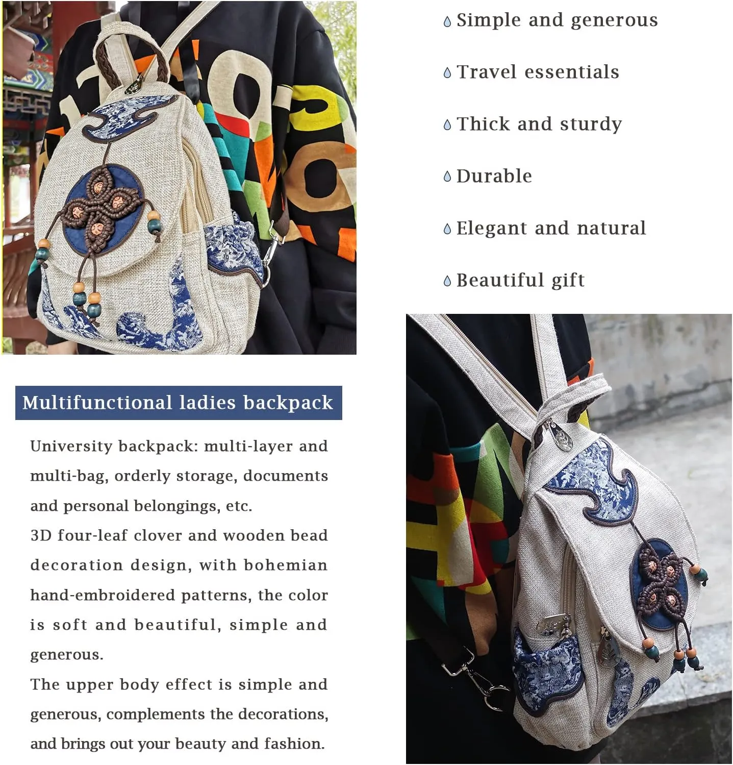 HUANGGUOSHU Women Cotton Woven Hippie Hemp Boho Canvas Embroidery Multi Pocket Retro Cute Backpack Wallet BackpackFour leaf clover