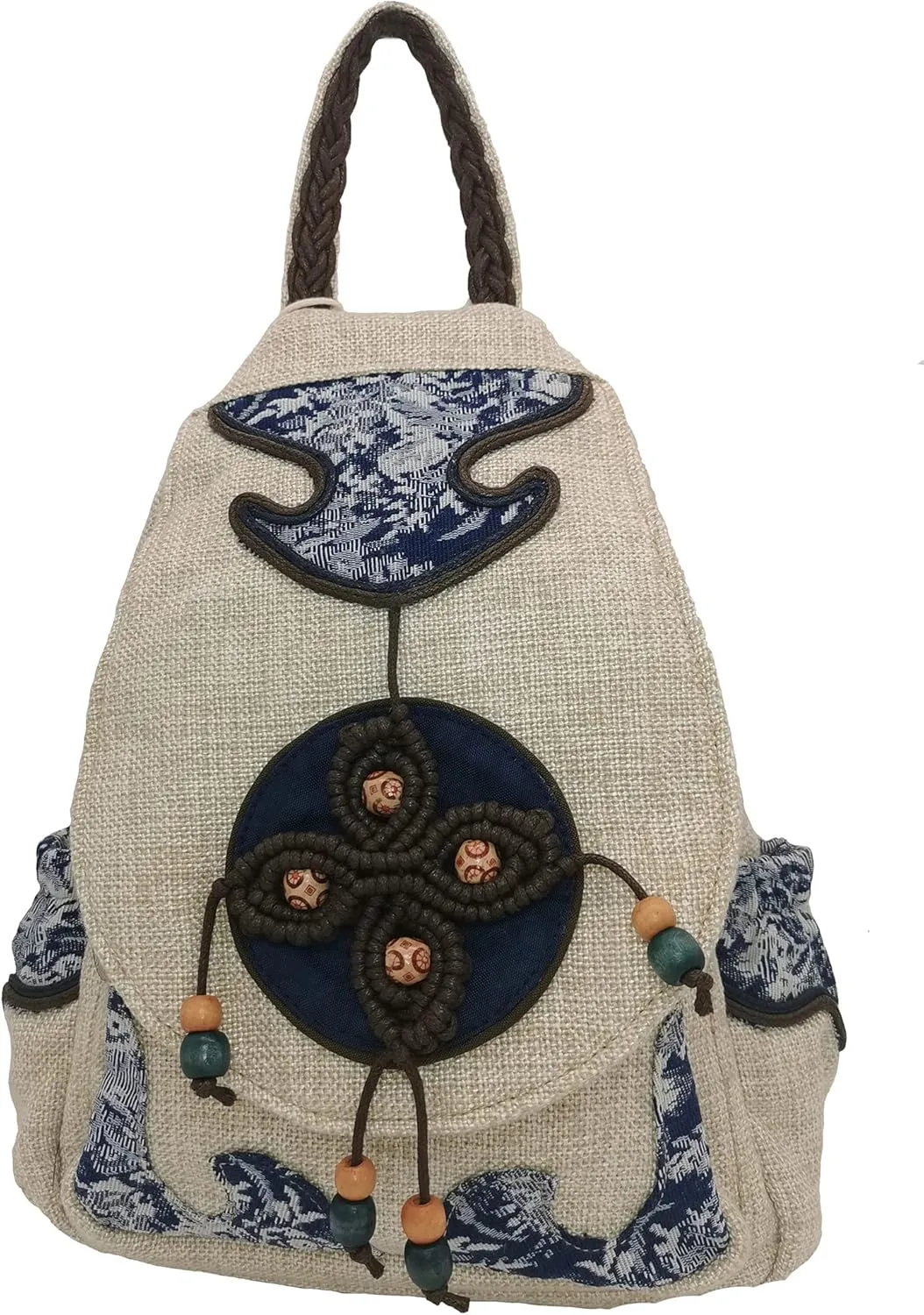 HUANGGUOSHU Women Cotton Woven Hippie Hemp Boho Canvas Embroidery Multi Pocket Retro Cute Backpack Wallet BackpackFour leaf clover