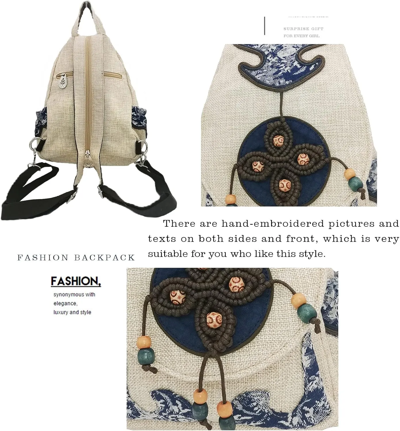 HUANGGUOSHU Women Cotton Woven Hippie Hemp Boho Canvas Embroidery Multi Pocket Retro Cute Backpack Wallet BackpackFour leaf clover