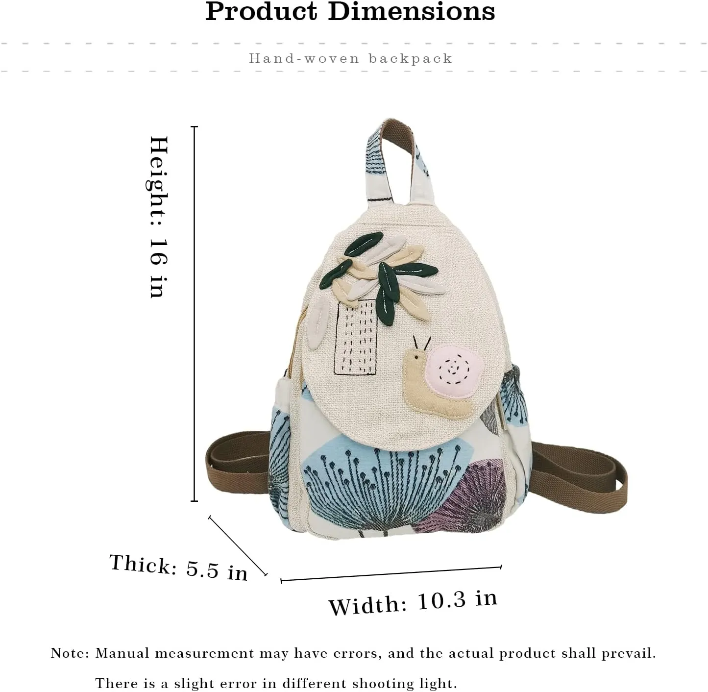 HUANGGUOSHU Women Cotton Woven Hippie Hemp Boho Canvas Embroidery Multi Pocket Retro Cute Backpack Wallet BackpackSnails