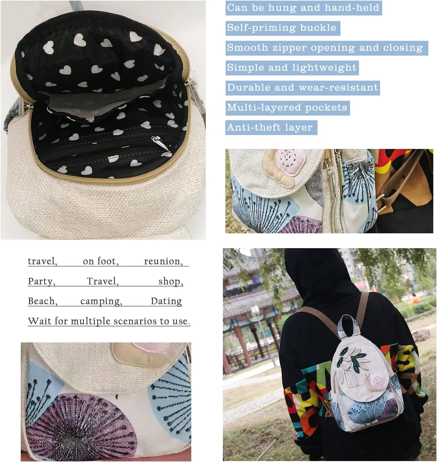 HUANGGUOSHU Women Cotton Woven Hippie Hemp Boho Canvas Embroidery Multi Pocket Retro Cute Backpack Wallet BackpackSnails