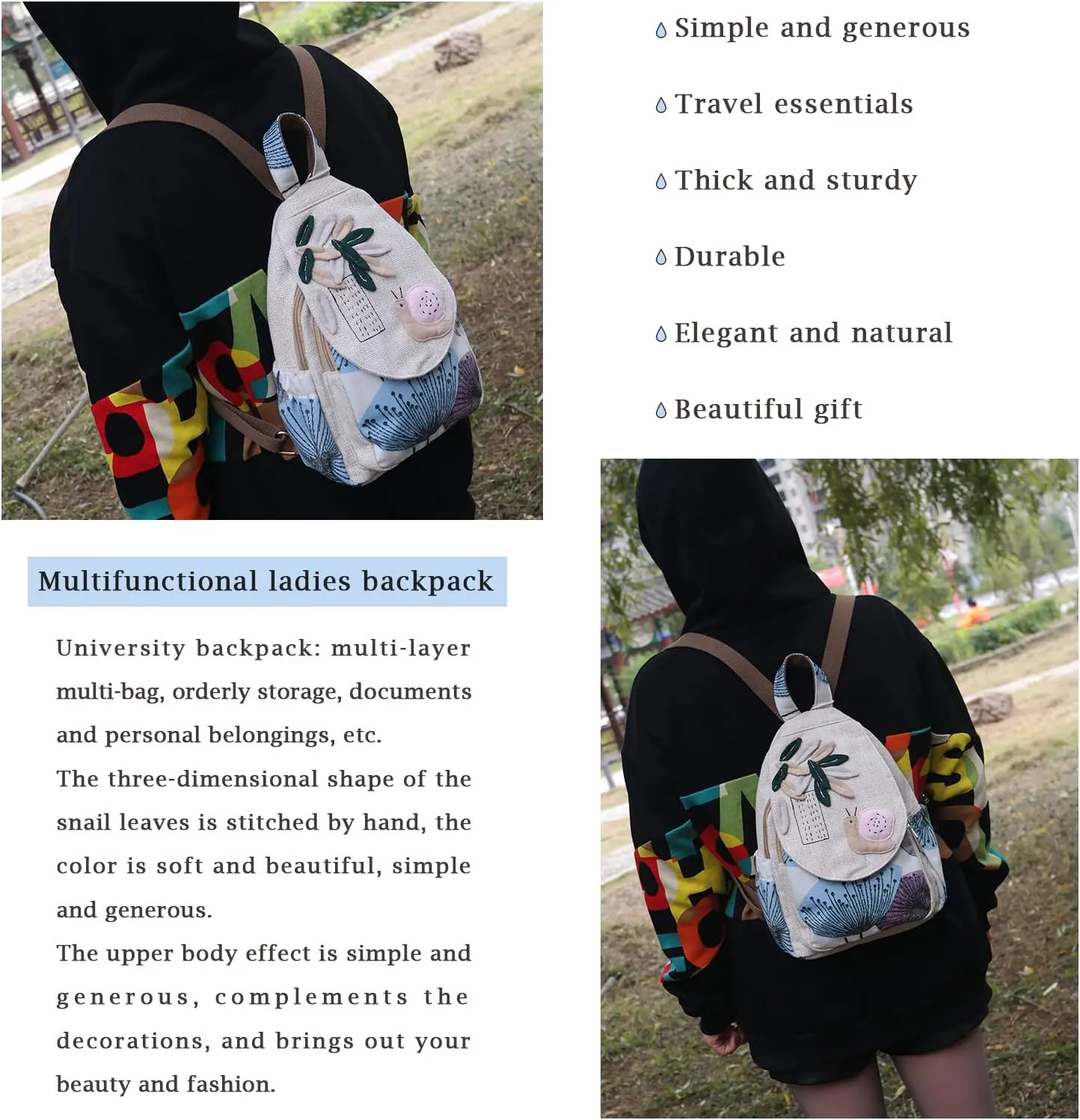 HUANGGUOSHU Women Cotton Woven Hippie Hemp Boho Canvas Embroidery Multi Pocket Retro Cute Backpack Wallet BackpackSnails