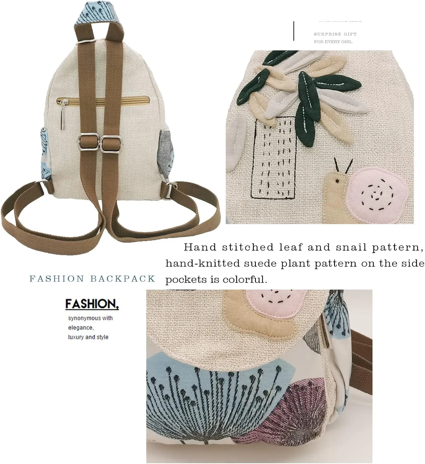 HUANGGUOSHU Women Cotton Woven Hippie Hemp Boho Canvas Embroidery Multi Pocket Retro Cute Backpack Wallet BackpackSnails