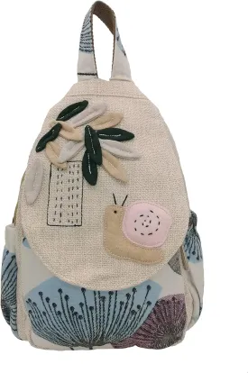 HUANGGUOSHU Women Cotton Woven Hippie Hemp Boho Canvas Embroidery Multi Pocket Retro Cute Backpack Wallet BackpackSnails