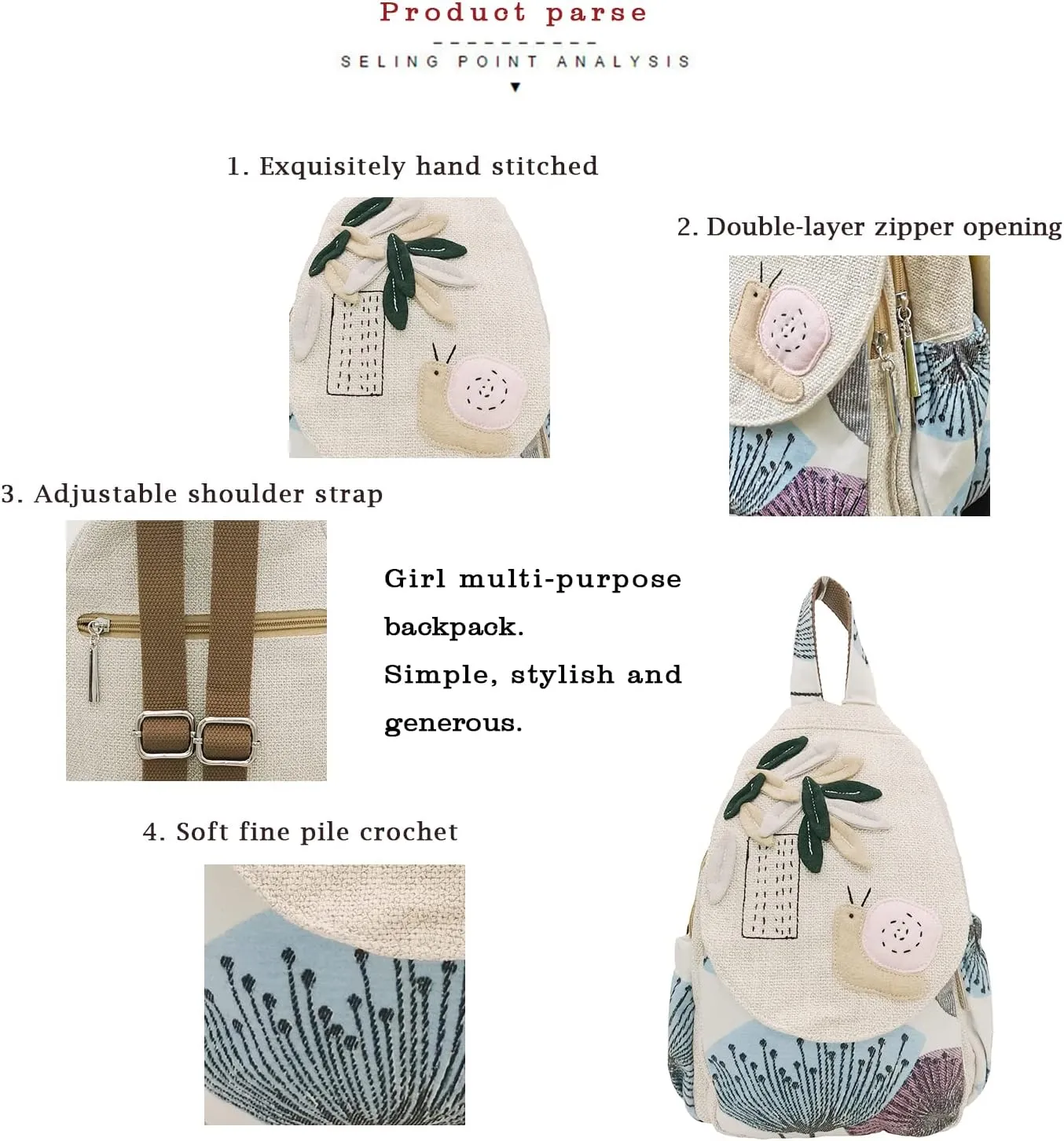 HUANGGUOSHU Women Cotton Woven Hippie Hemp Boho Canvas Embroidery Multi Pocket Retro Cute Backpack Wallet BackpackSnails