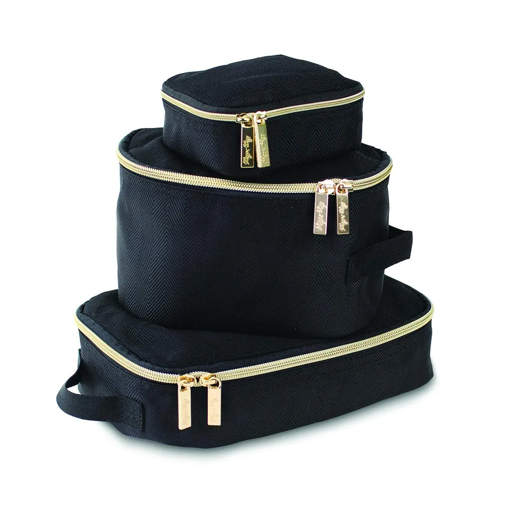 Itzy Ritzy Packing Cubes For Travel  Set of 3 Packing Cubes or Travel Organizers; Each Cube Features a Mesh Top, Double Zippers and a Fabric Handle (Black with Gold Hardware)