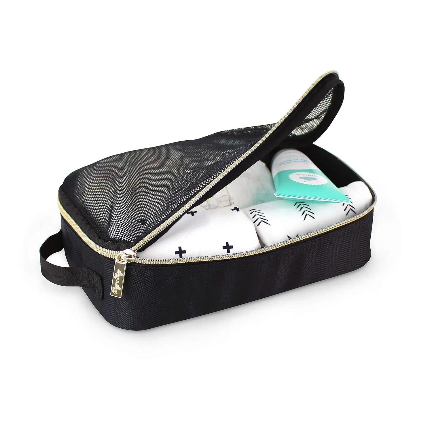 Itzy Ritzy Packing Cubes For Travel  Set of 3 Packing Cubes or Travel Organizers; Each Cube Features a Mesh Top, Double Zippers and a Fabric Handle (Black with Gold Hardware)