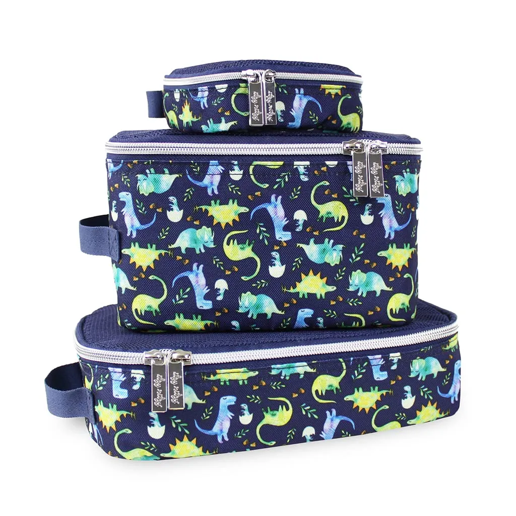 Itzy Ritzy Packing Cubes For Travel  Set of 3 Packing Cubes or Travel Organizers; Each Travel Cube Features a Mesh Top, Double Zippers and a Fabric Handle (Blue Dinosaurs)