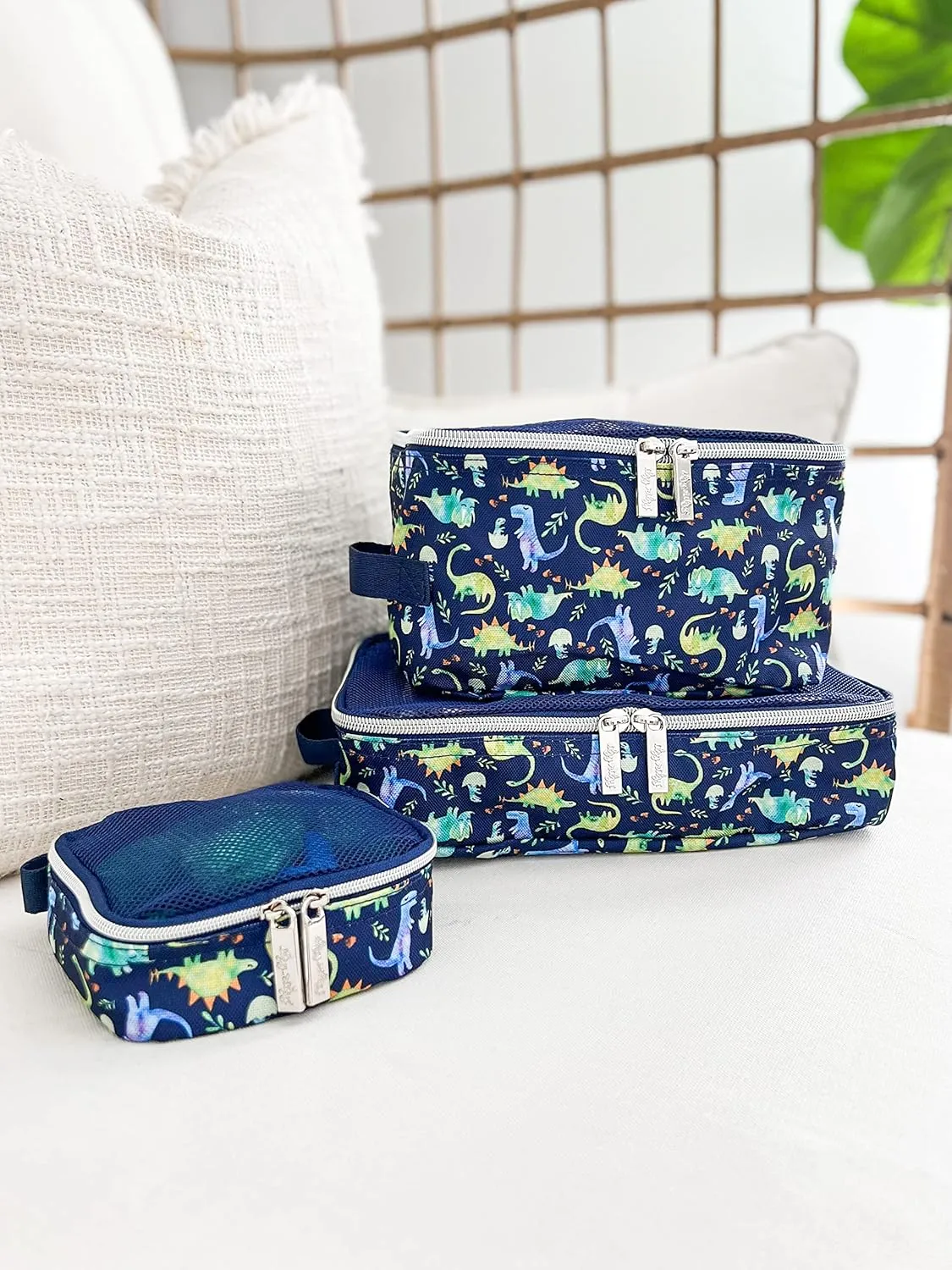 Itzy Ritzy Packing Cubes For Travel  Set of 3 Packing Cubes or Travel Organizers; Each Travel Cube Features a Mesh Top, Double Zippers and a Fabric Handle (Blue Dinosaurs)