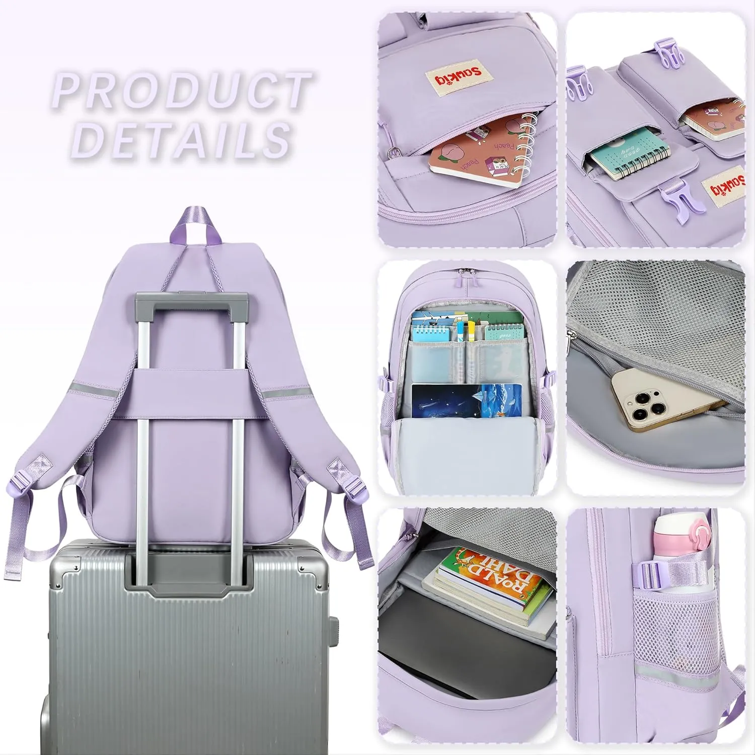 Kids Backpacks for Girls Ages 8-10 School Backpack Multi-pocket 17 inch Cute Bookbag for Elementary Middle School Bags for Girls 10-12 Years Old (Purple)
