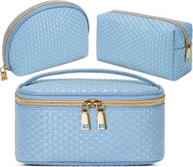 KTMOUW Makeup Bag 3 Pcs Waterproof Cosmetic Bag Set Portable Travel Cosmetic Bag Multifunction Organizer Storage Bag Weave Toiletry Bag for Women, Light Blue